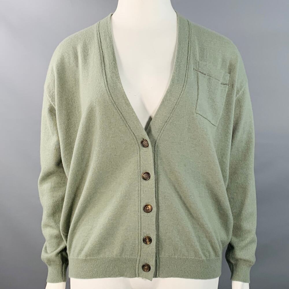 BRUNELLO CUCINELLI Sage Green Cashmere Monili Beaded One Pocket V-Neck Cardigan